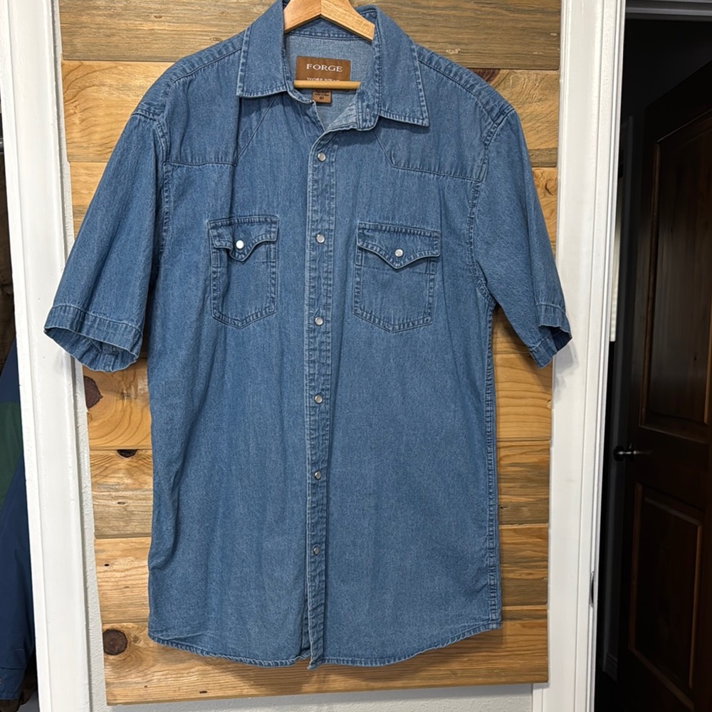 Forge‎ Work Wear Men's Short Sleeve 100% Cotton Blue Denim Shirt XLT